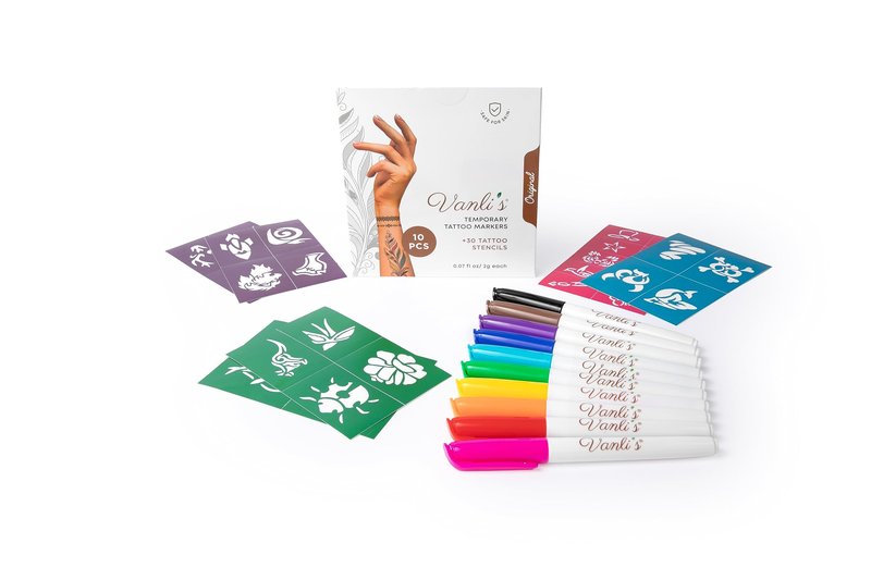 Vanli's 10 Original Temporary Tattoo Markers For Skin, Temporary Tattoo Pens with 30 Unique Stencils. Stocking Stuffers for Teens, Boys, Girls, Women.
