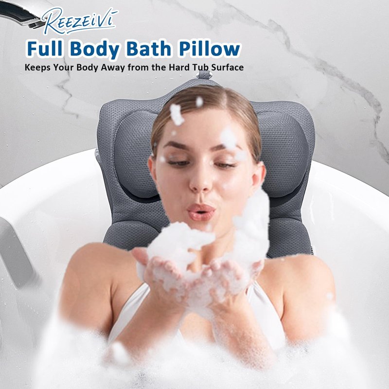 REEZEIVI Full Body Bath Pillow,Thick Bathtub Cushion with Laundry Bag,Bath Pillow with 13 Non-Slip Suction Cups,Soft 3D Mesh Fabric,Bathtub Cushion for Headrest Neck and Back Support (Gray)