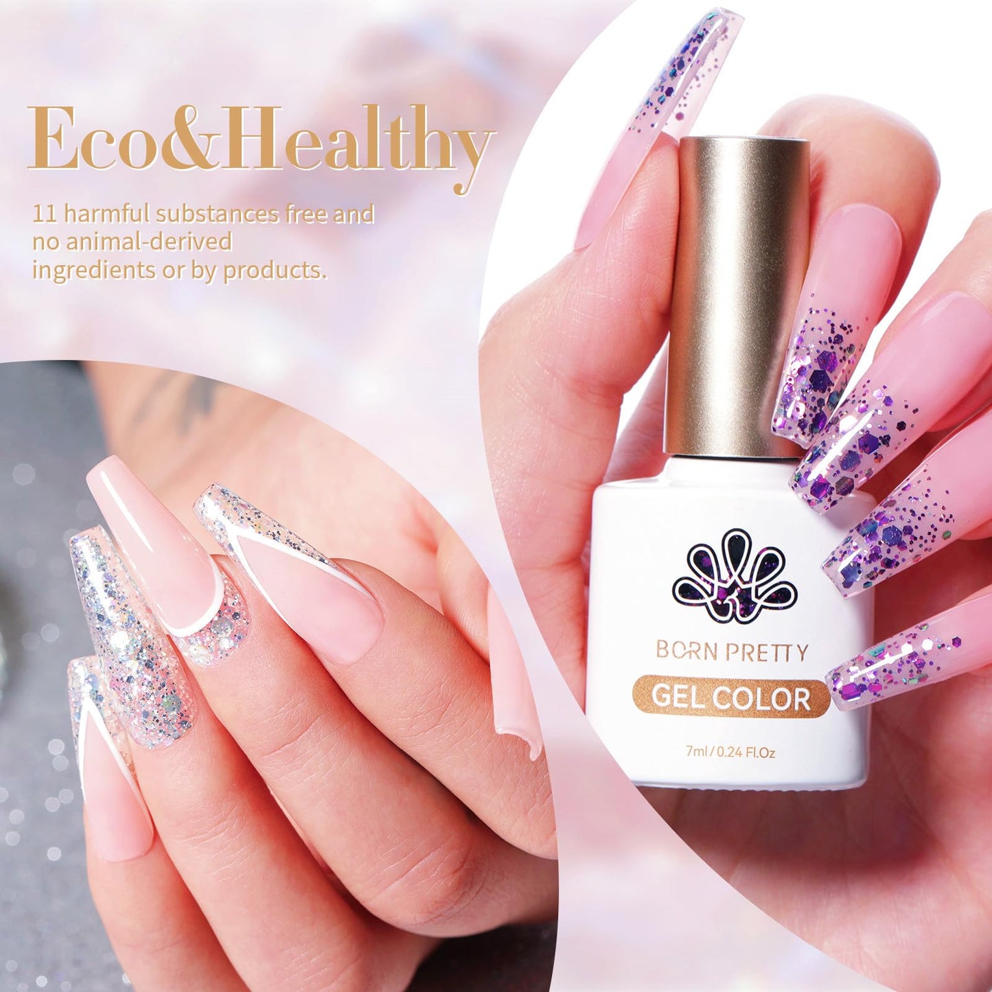 Born Pretty Glitter Sequins Gel Nail Polish, 6 Colors Pink Yellow Sparkly