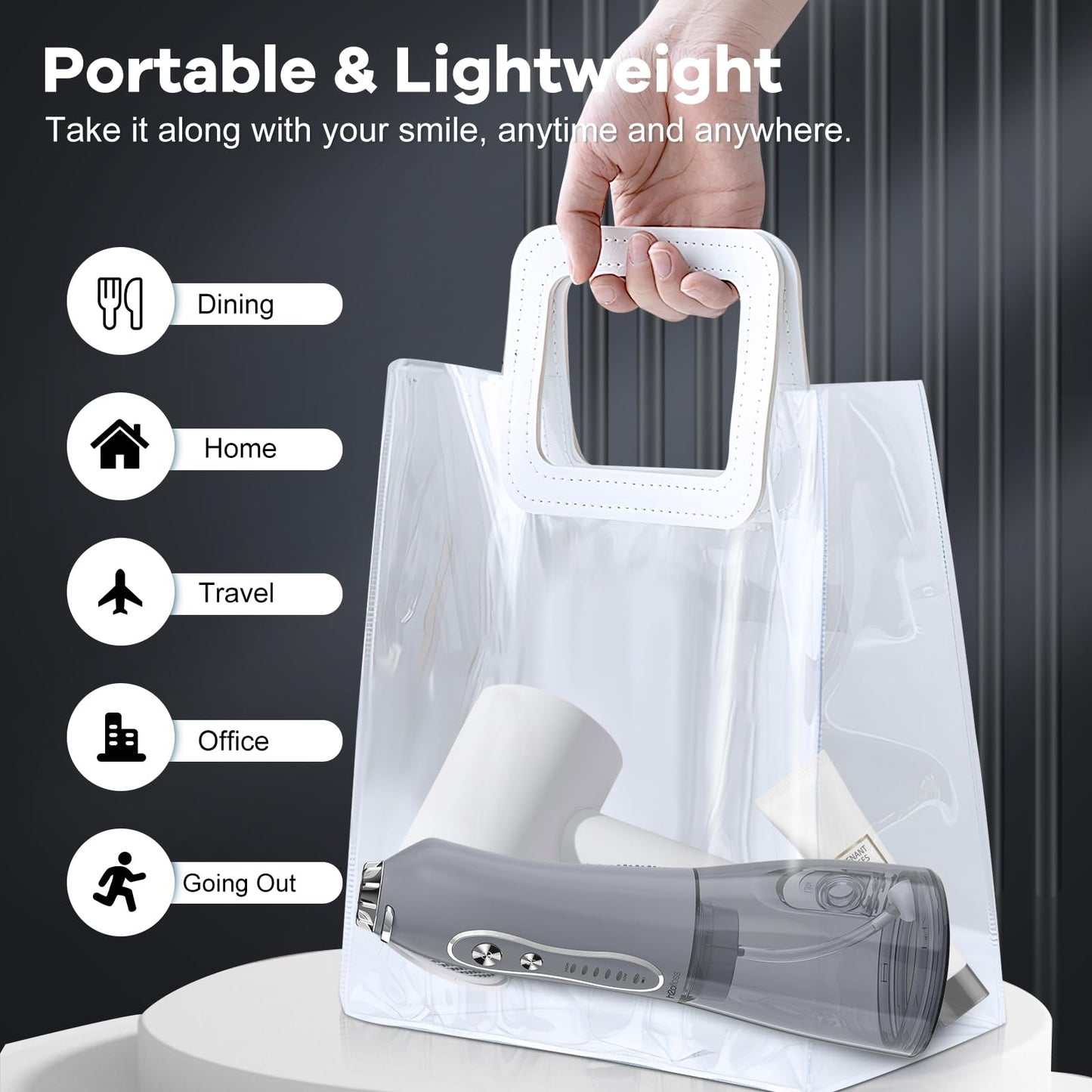 H2ofloss Water Dental Flosser Pick for Teeth: 5 Modes Cordless Portable 300ML Larger Tank Water Teeth Cleaner IPX7 Waterproof Flossing Cleaning Picks for Home Travel Gray