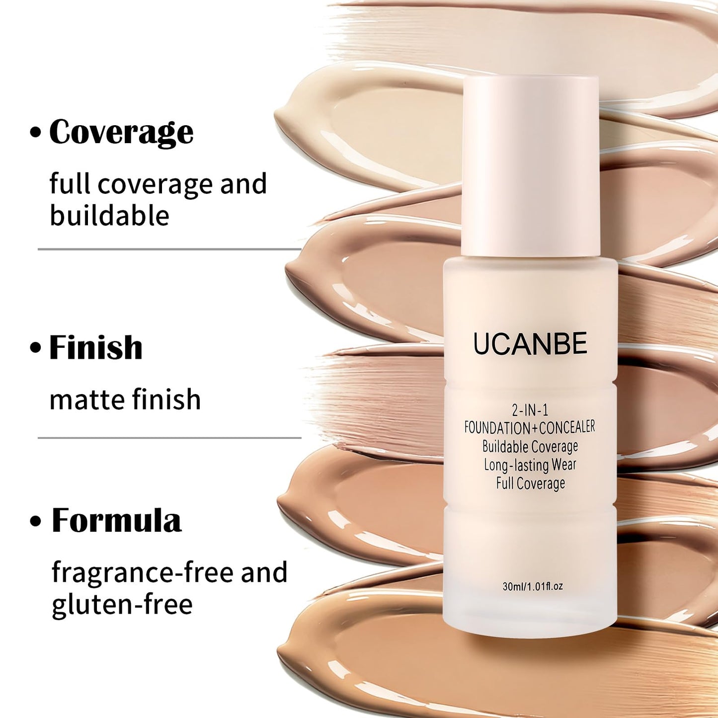 UCANBE 2-IN-1 Foundation + Concealer, Full Coverage Long-Lasting Matte Makeup for Normal, Combination and Oily Skin, Buildable Waterproof Formula with Hyaluronic Acid （01 Fair Ivory）