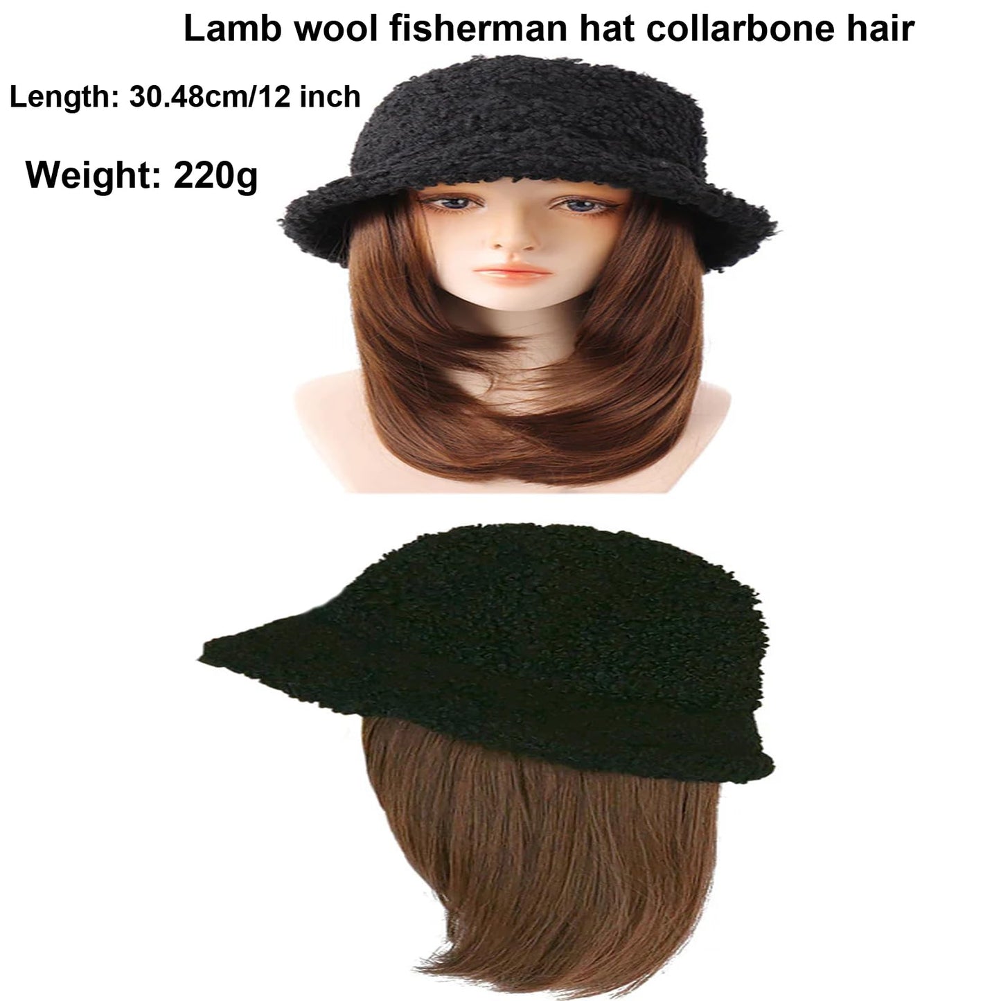 WUODHTW Winter Fisherman Hat with Hair Curly Wavy Straight Hairpiece Cosplay Wig Hat Women Lambs Wool Bucket Cap with wig
