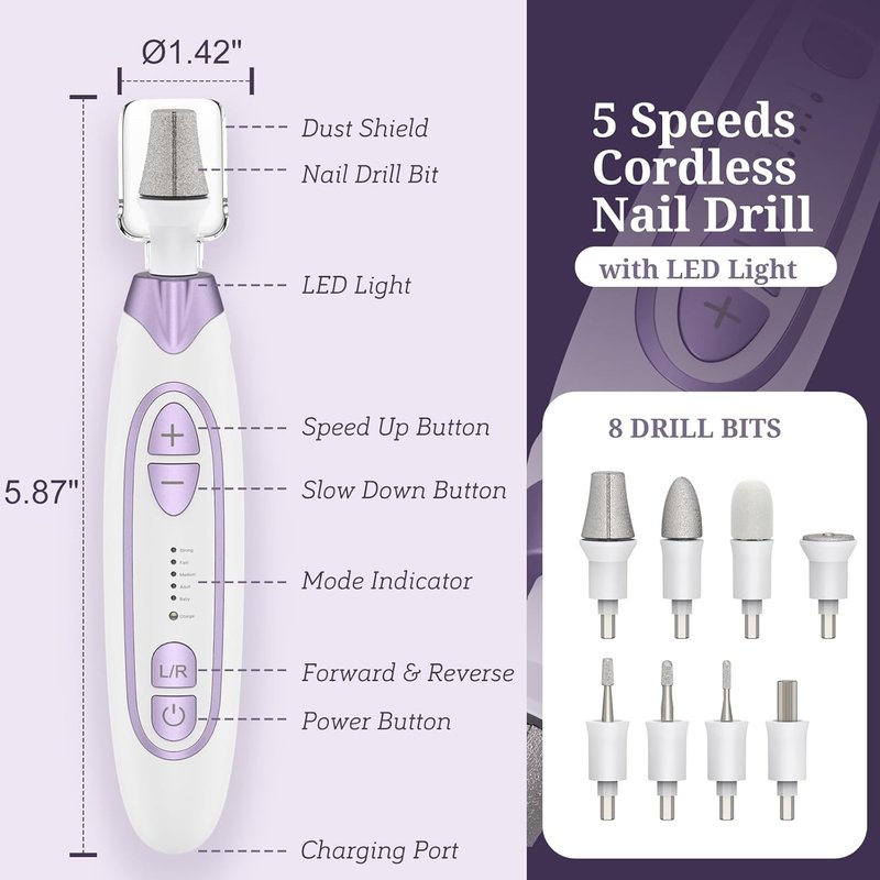 Electric Toenail Grinder - Cordless Nail Drill with 5 Speeds & LED Light | Manicure & Pedicure Kit for Thick Toenails