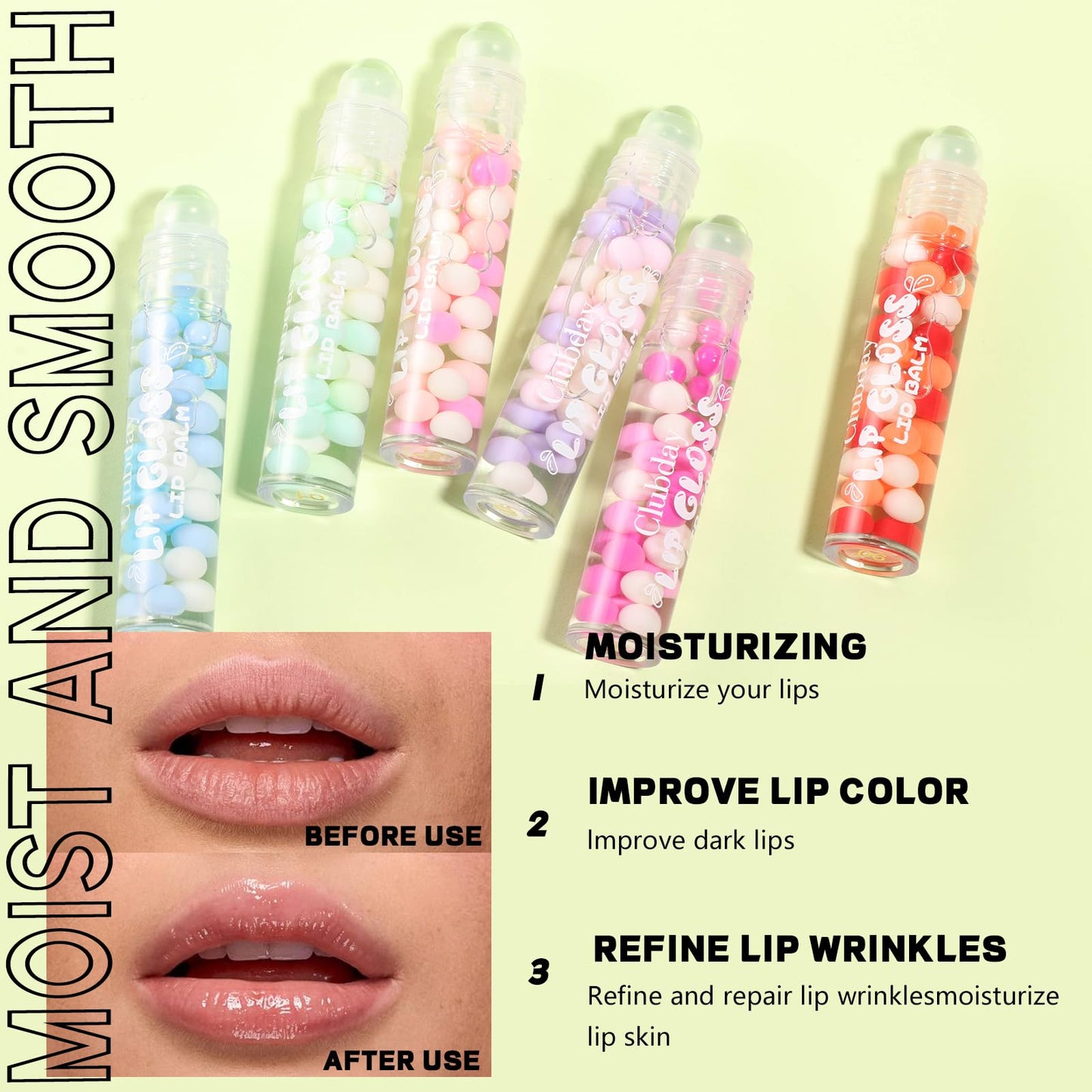 HJXUQIME 6pcs Macaron Rolling Ball Lip Gloss,Transparent Moisturizing Lip Oil,Lip Gloss for Dry and Chapped Lips,Glossy Lip Make-up for All Age