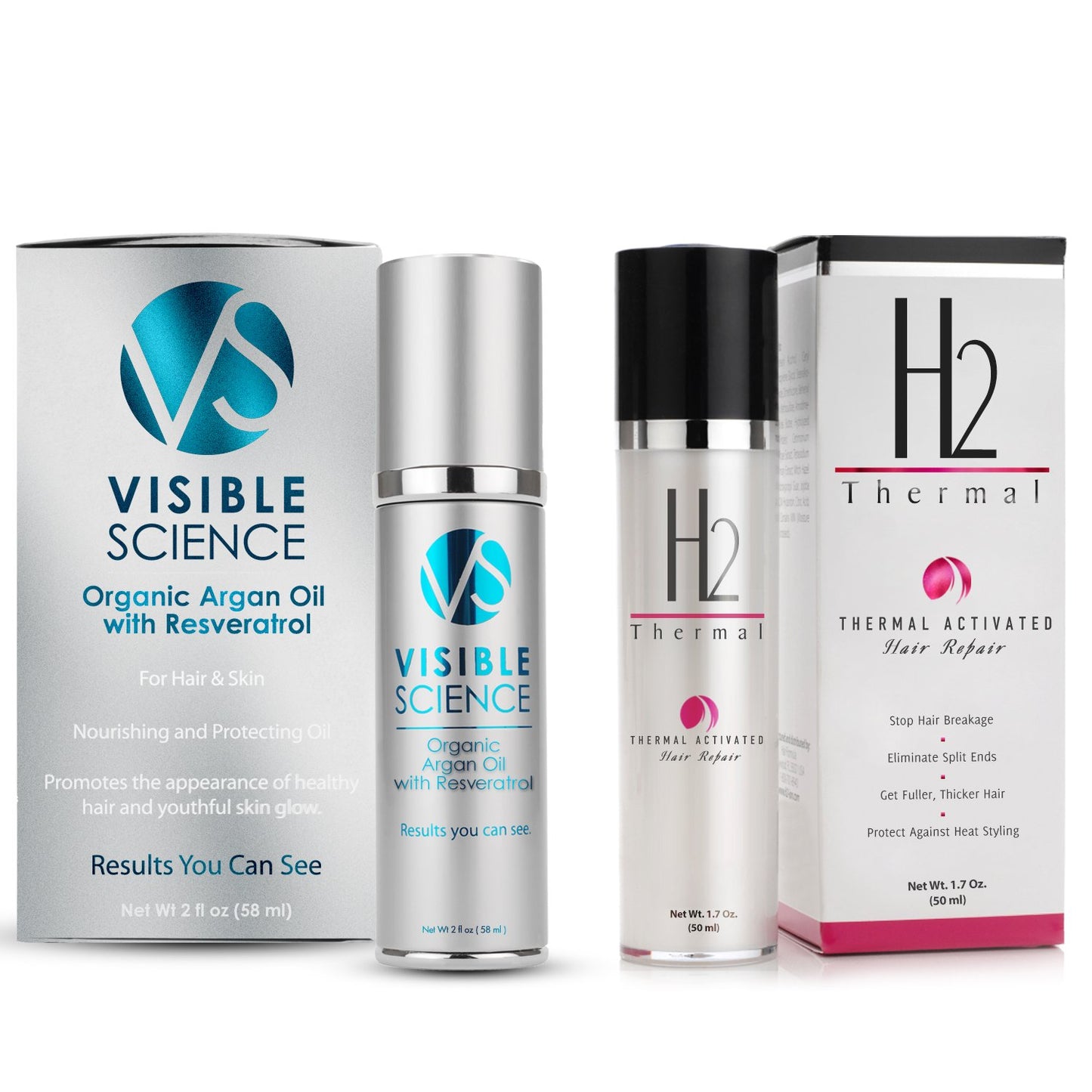 H2 Thermal and Visible Science Argan Oil Bundle - Hair Repair Treatment and Heat Protectant + Argan Oil Serum for Gorgeous Shiny Hair - Repair and Prevent Damage - Seal Split Ends (2 Items)