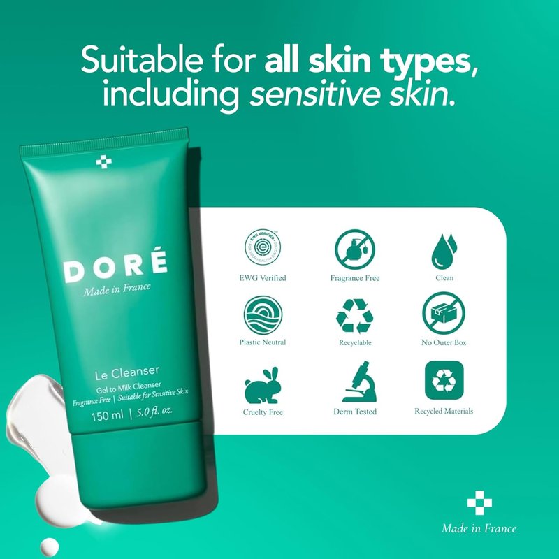 Doré Daily Face Cleanser Gel to Milk - Gentle Hydrating Makeup Remover for Dry & Sensitive Skin | 5 fl oz (150 ml)