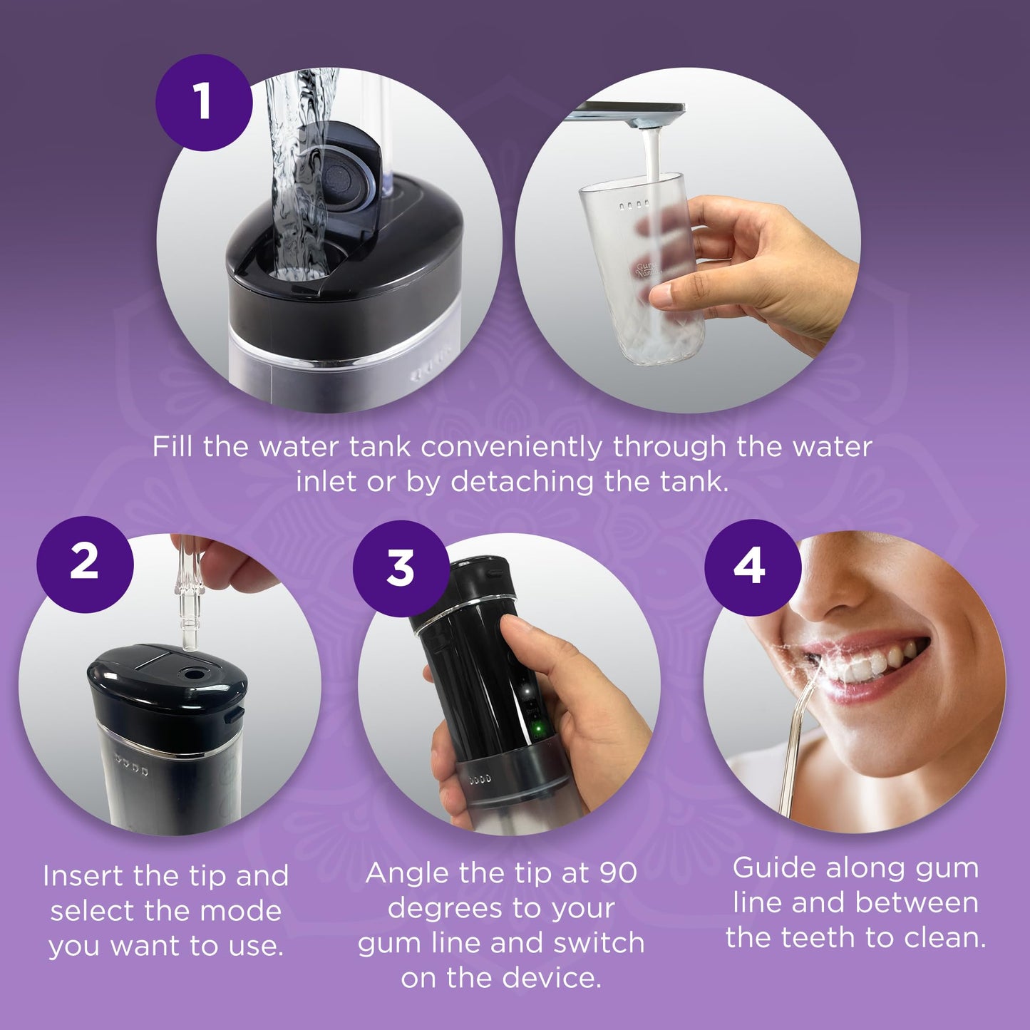 GuruNanda Compact Water Dental Flosser, Portable Travel Size Oral Irrigator Flosser with Collapsible 180 ml Tank, Smart Timer, 4 Flossing Modes, TSA-Friendly - Black