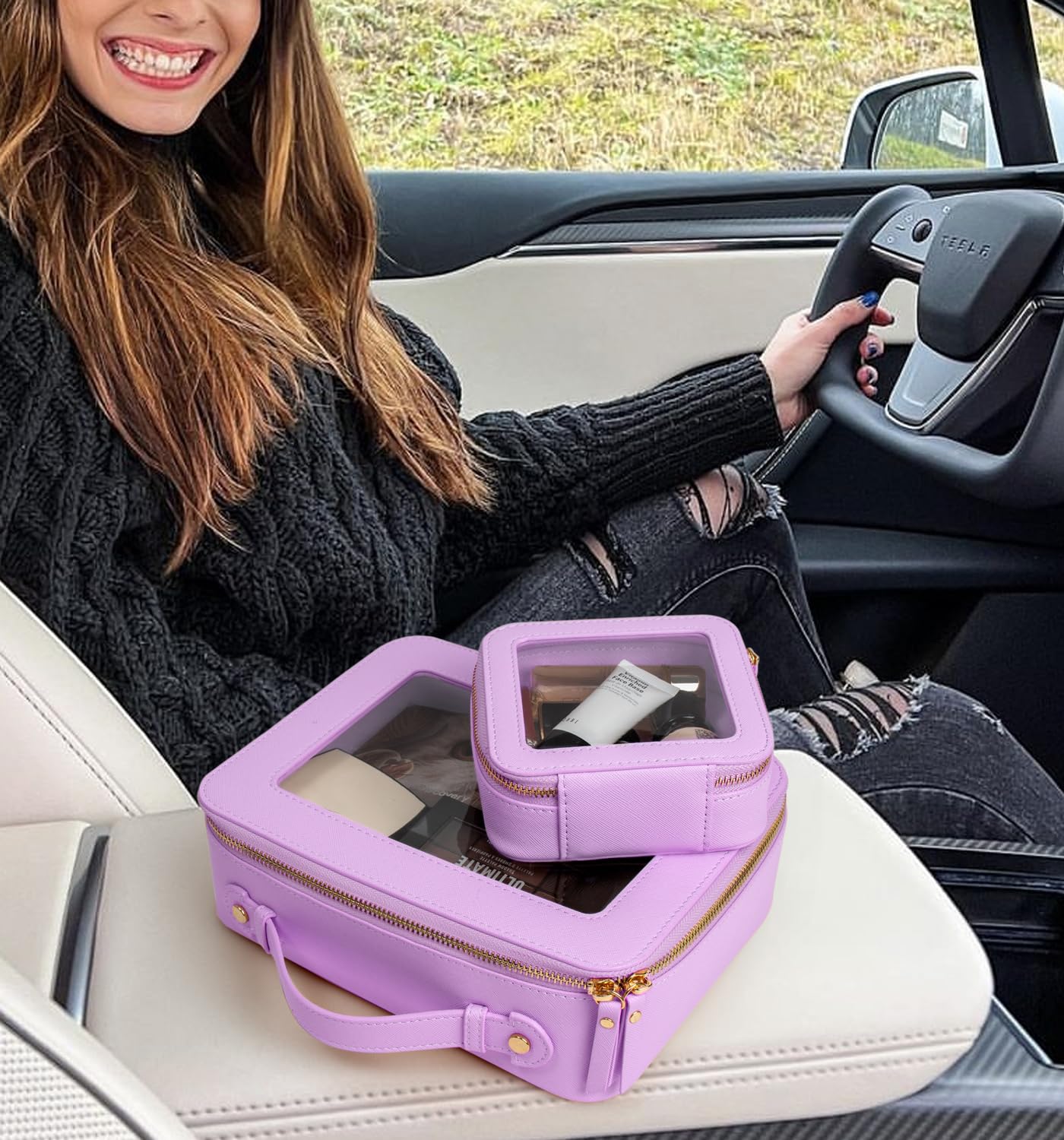 Clear Makeup Bags TSA Approved Toiletry Bag with Handle Large Opening, Clear Toiletry Bags for Carry-on Traveling Travel Car Essentials Orangizer Storage, Leather Cosmetic Bag (Purple, Mini&Large)