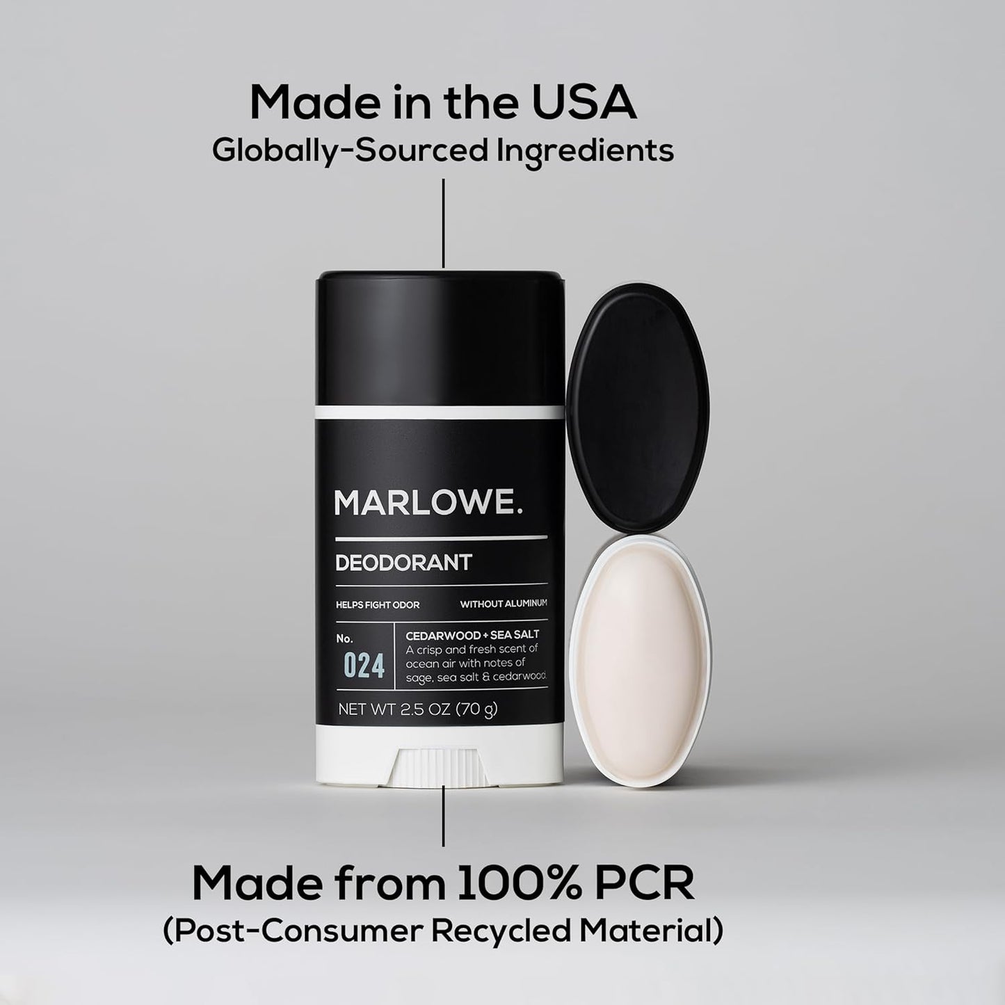 Marlowe. Men's Aluminum-Free Deodorant Stick - Vegan Formula with Coconut Oil & Shea Butter | Fresh Cedarwood & Sea Salt, 2.5 oz