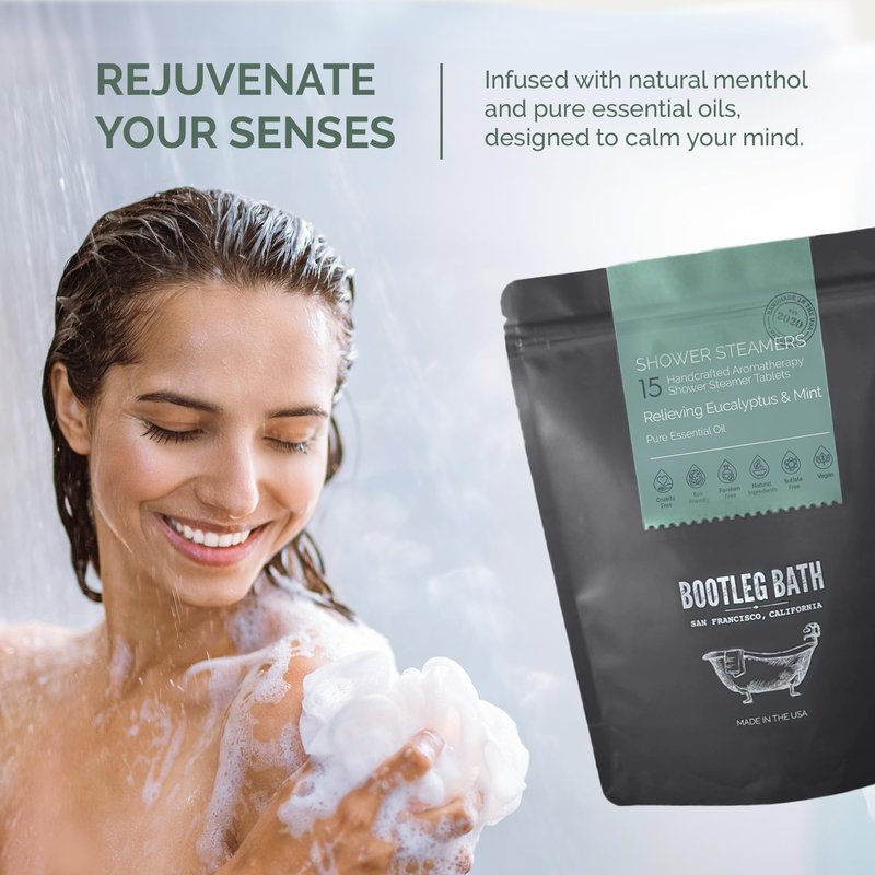 BOOTLEG BATH Shower Steamers Aromatherapy Eucalyptus and Mint 15 Pack, 100% Pure Essential Oil, All Natural, for Men and Women, Made in USA
