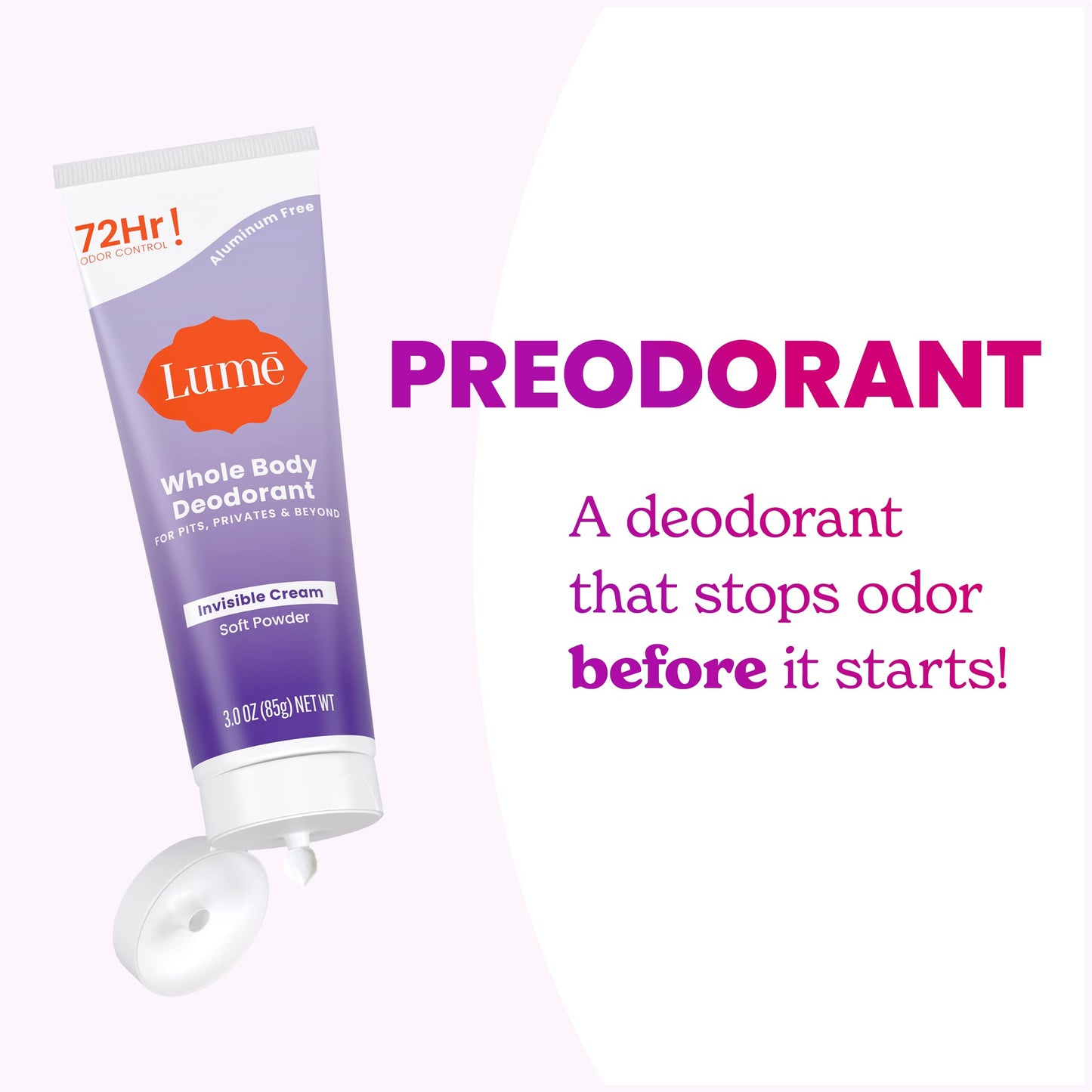 Lume Whole Body Deodorant - Invisible Cream Tube - 72 Hour Odor Control - Aluminum Free, Baking Soda Free, Skin Safe - 3.0 ounce (Soft Powder)