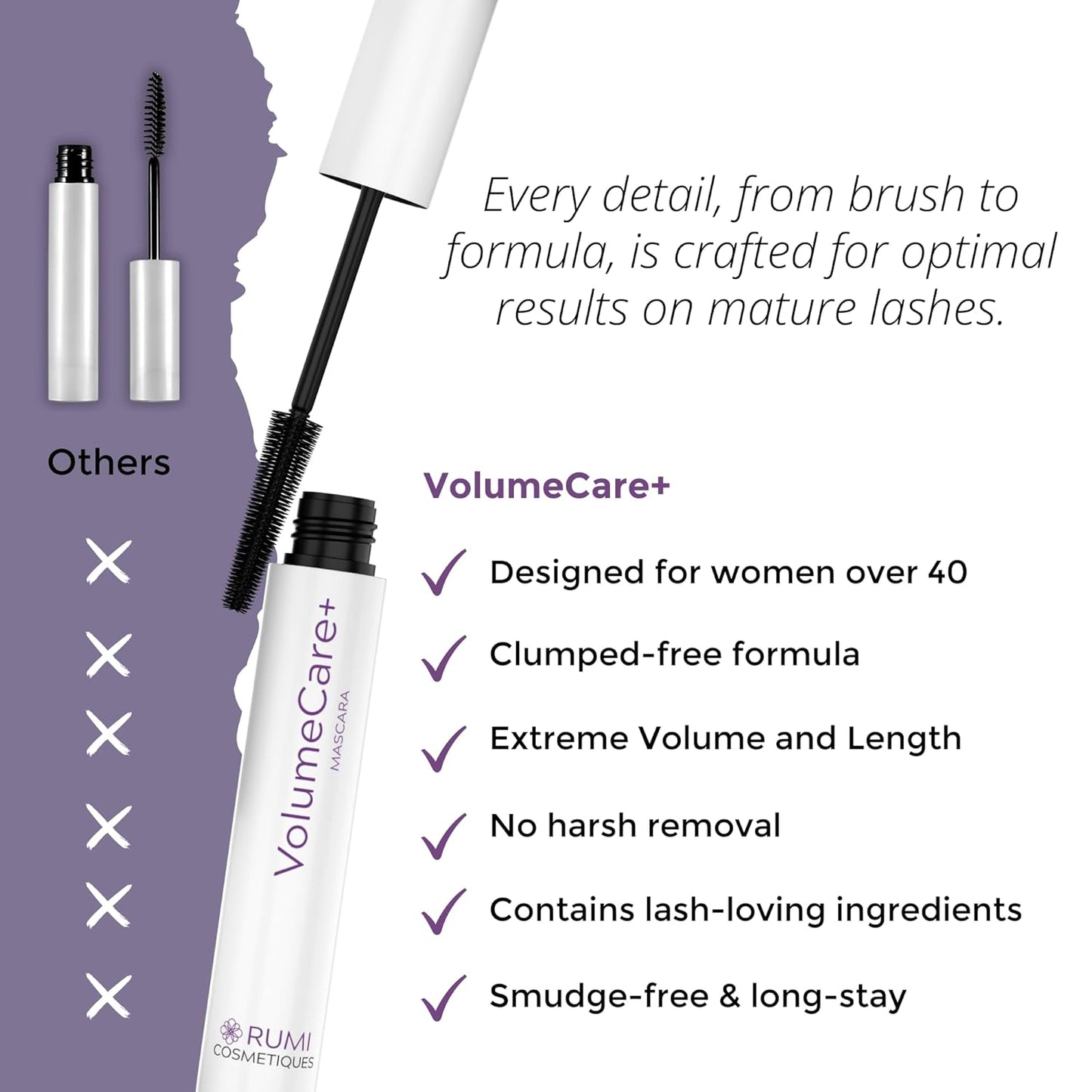 Rumi Cosmetiques VolumeCare+ Mascara - Extreme Length & Volume 2-in-1 Formula | Hypoallergenic for Sensitive Eyes (Natural Black)