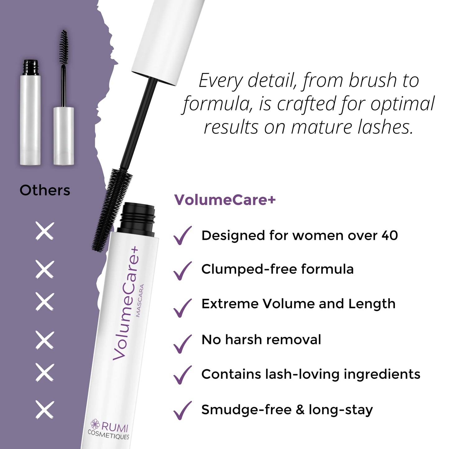 Rumi Cosmetiques VolumeCare+ Mascara For Mature Women - Extreme Length and Volume 2-in-1 Formula - No Clumps or Flaking, Long-Wearing, Hypoallergenic Mascara For Sensitive Eyes (Natural Black)