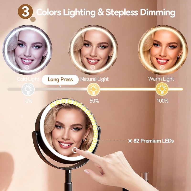 Shinowa Makeup Mirror - 1X/20X Lighted Magnifying Vanity Mirror with Storage & 3 Color Lights | Adjustable Height, 360° Rotation, Rechargeable, Black