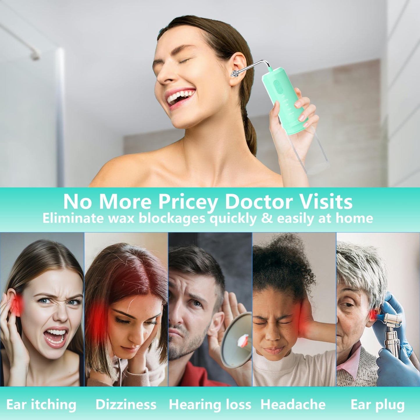 Ear Wax Removal, 2 in 1 Electric Ear Cleaning Kit with 4 Pressure Modes, Portable Water Powered Ear Cleaner with Basin and Nasal Nozzles, Ear Irrigation Flushing System for Adults and Kids, Green