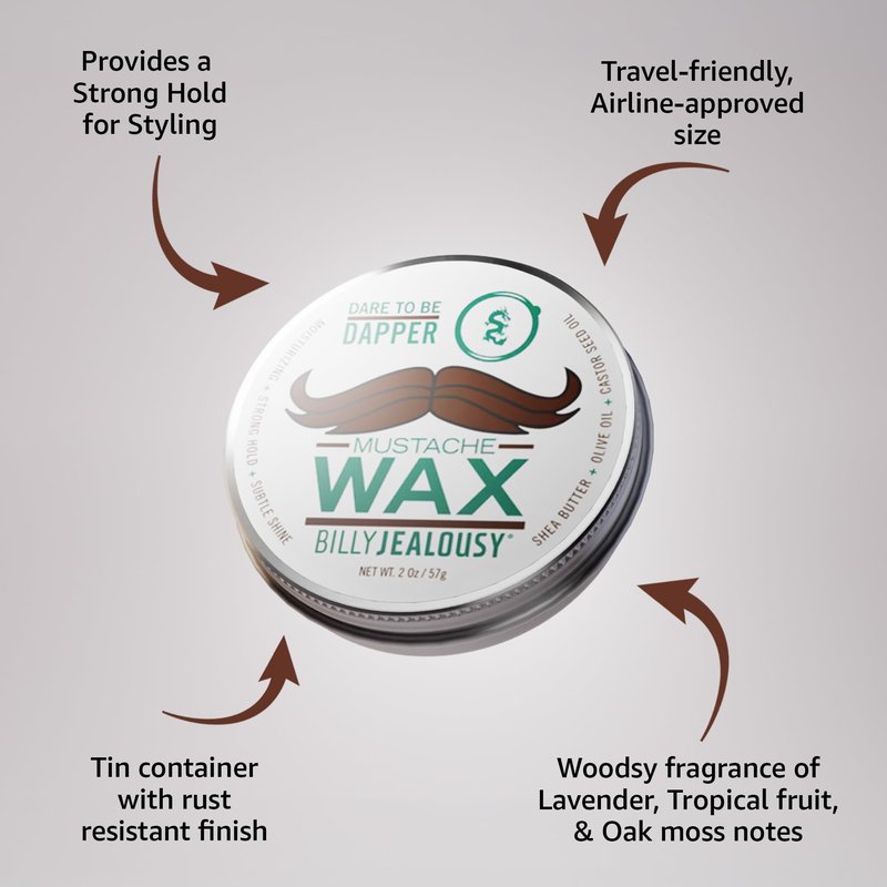 Billy Jealousy Bulletproof Strong Hold Mustache Wax, Conditioning Travel-Friendly Styling Product with Woodsy Lavender, Tropical Fruit, and Oak Moss Scent, 2 Oz