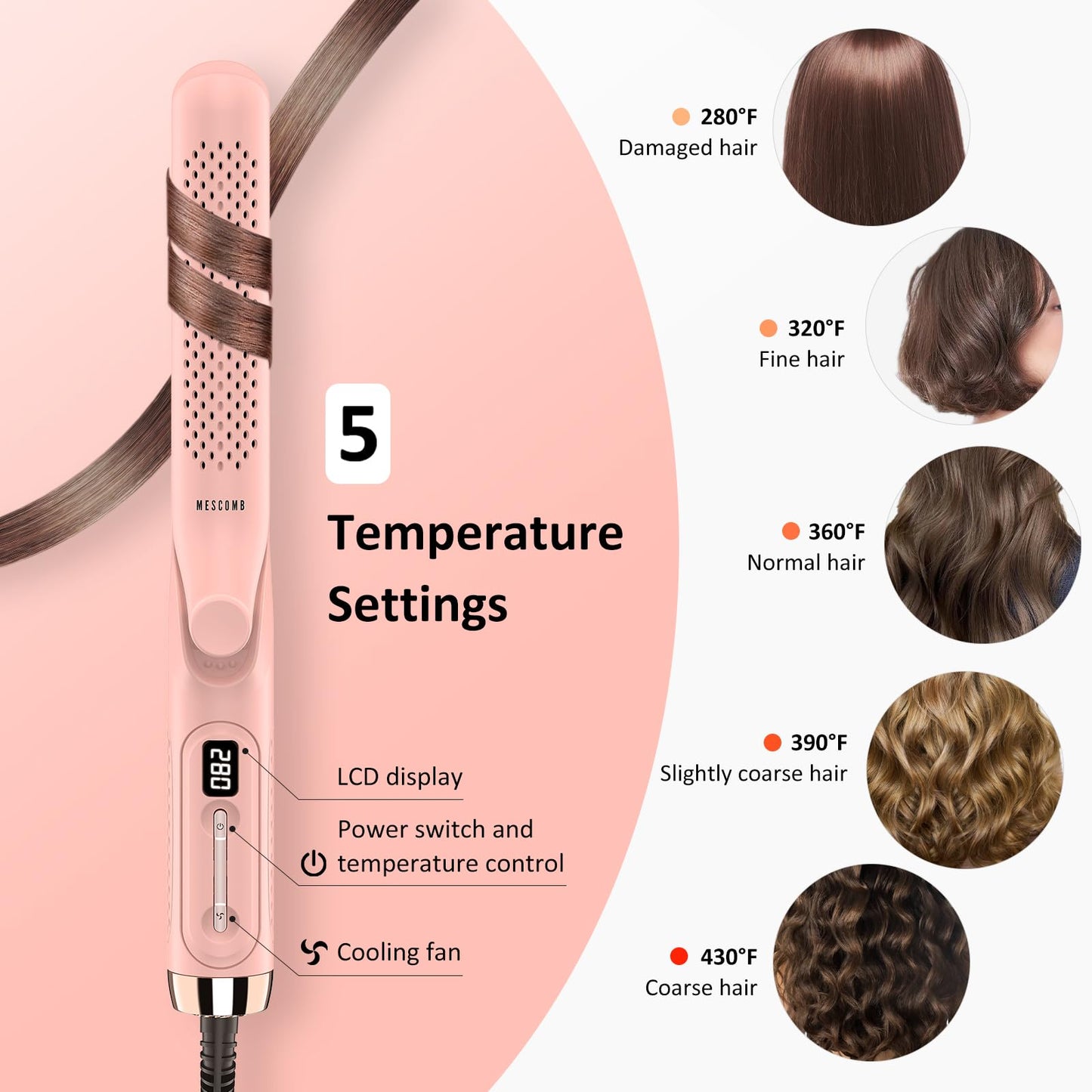 MESCOMB 360° Airflow Styler – 1 Inch 2-in-1 Hair Straightener & Curler with Vented Cool Air for Style Locking, Extra Long Flat Iron, Dual Voltage for European Travel