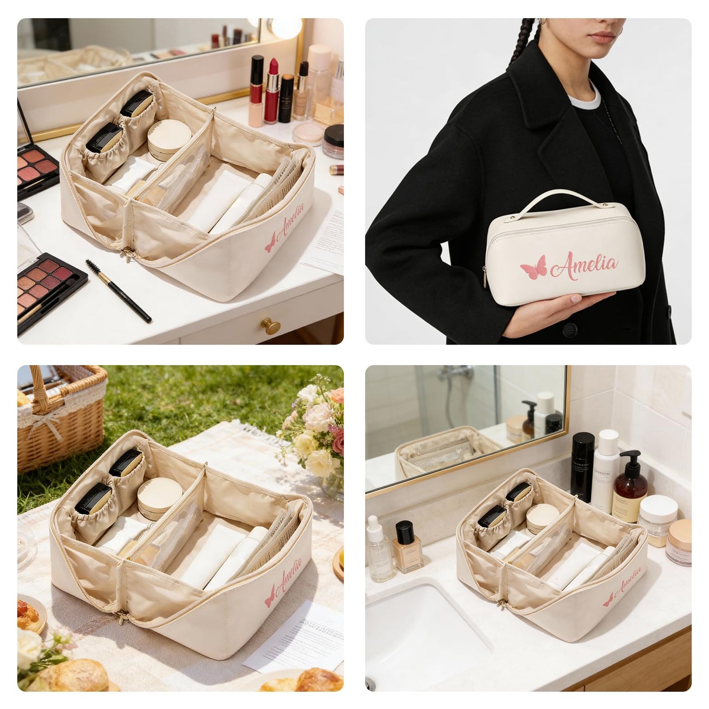 Dyoart Custom Embroidered Name Travel Makeup Bag Gifts for Mothers Day Personalized Large Capacity Cosmetic Bags for Women Customized Toiletry Bag Christmas Birthday Gifts for Girlfriend Wife