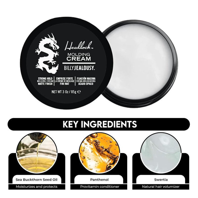 Billy Jealousy Headlock Hair Molding Cream - Strong All-Day Hold, Natural Matte Finish | 3 Ounce