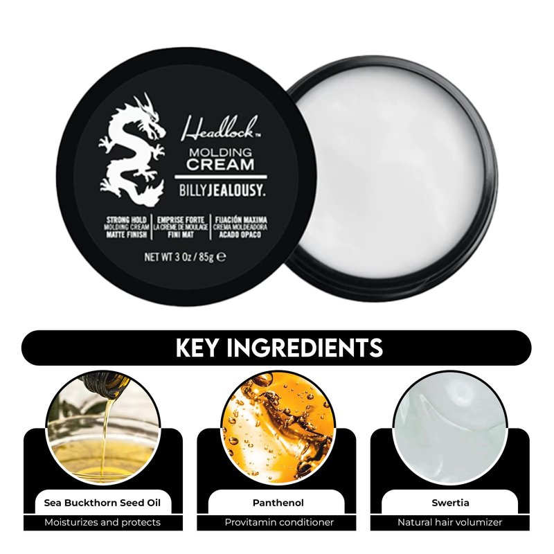 Billy Jealousy Headlock Hair Molding Cream, Hair Styling Cream for Men with Strong All-Day Hold, Natural Matte Finish Styling Agent for All Lengths, 3 Ounce