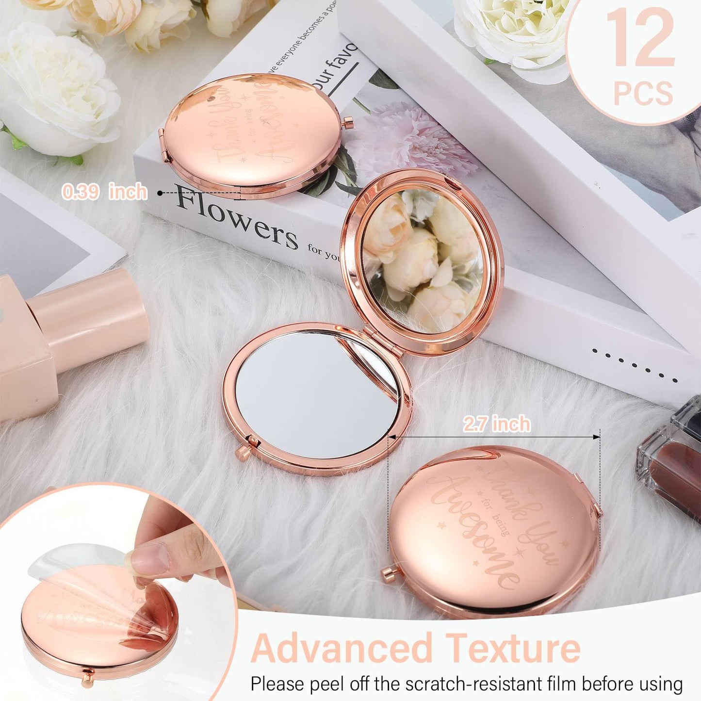 Roowest 12 Pcs Inspirational Compact Mirror Bulk for Mom Women Gifts Double Sided Travel Thank You for Being Awesome Employee Appreciation Makeup Magnifying Small Pocket Mirror(Rose Gold)
