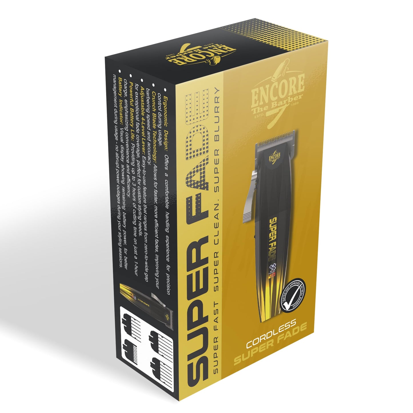 ENCORE THE BARBER Super Fade Professional Hair Clipper for Barbers Fast Clean Blurry Fades | Four Click Lever | Whisper Quiet | Rechargeable Cordless | Over 90 Minutes Run time | Crunchy Blade