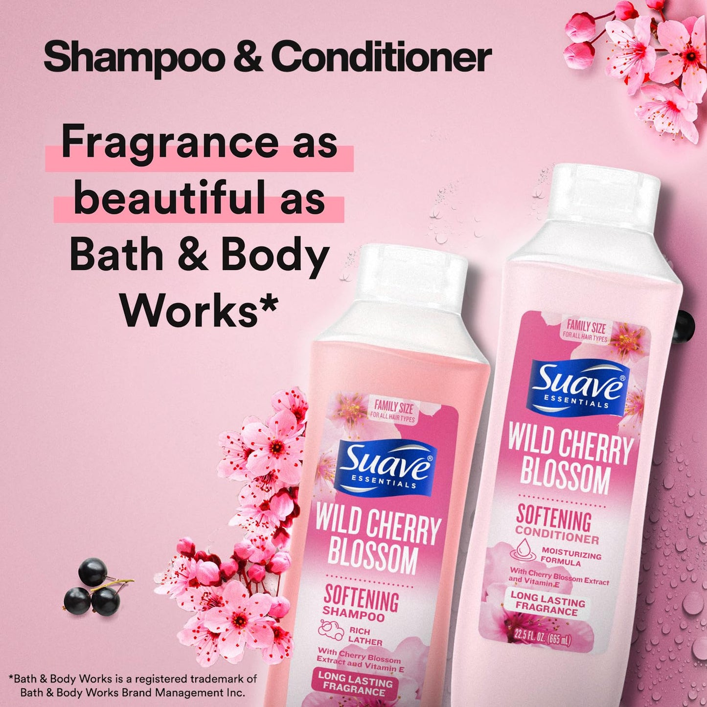 Suave Shampoo, Conditioner & Body Wash 2-Pack + Invisible Solid Antiperspirant Deodorant for Women, Wild Cherry Blossom, 48H Protection
