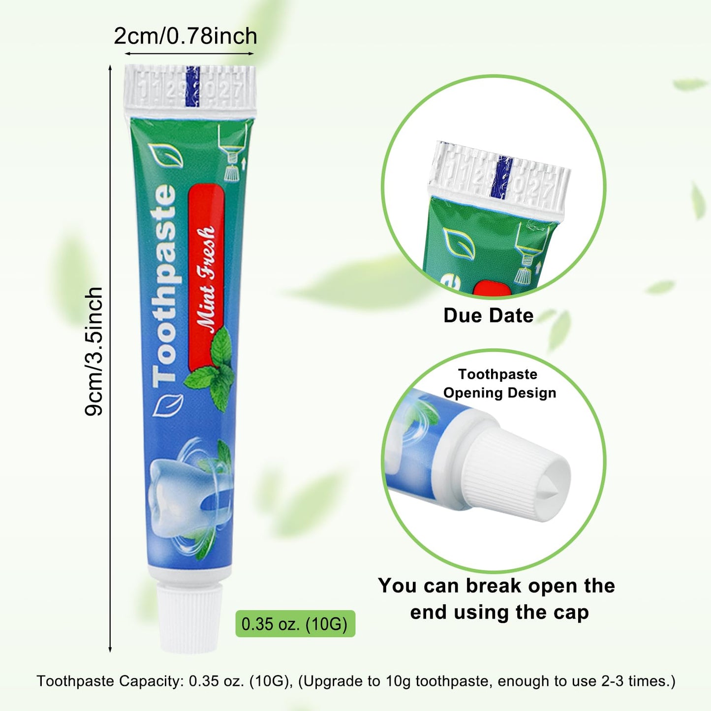 HAIFOTRVA 0.35 oz Bulk Travel Size Toothpaste,200 Tubes 10 Grams Extra Small Toothpastes Travel Size Bulk 0.8x3.5 inches Mint Flavor Mini Disposable Toothpaste for Hotel,Guests,Homeless,Office