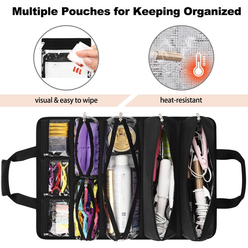 Hair Tools Travel Bag, Roll Up Tool Bag Organizer for Hair Stuff, Hairstylist Traveling Bag with 8 Detachable Zipper Pouch, Professional Cosmetology Bag for Hairdresser Barber, Heat Resistant Lining