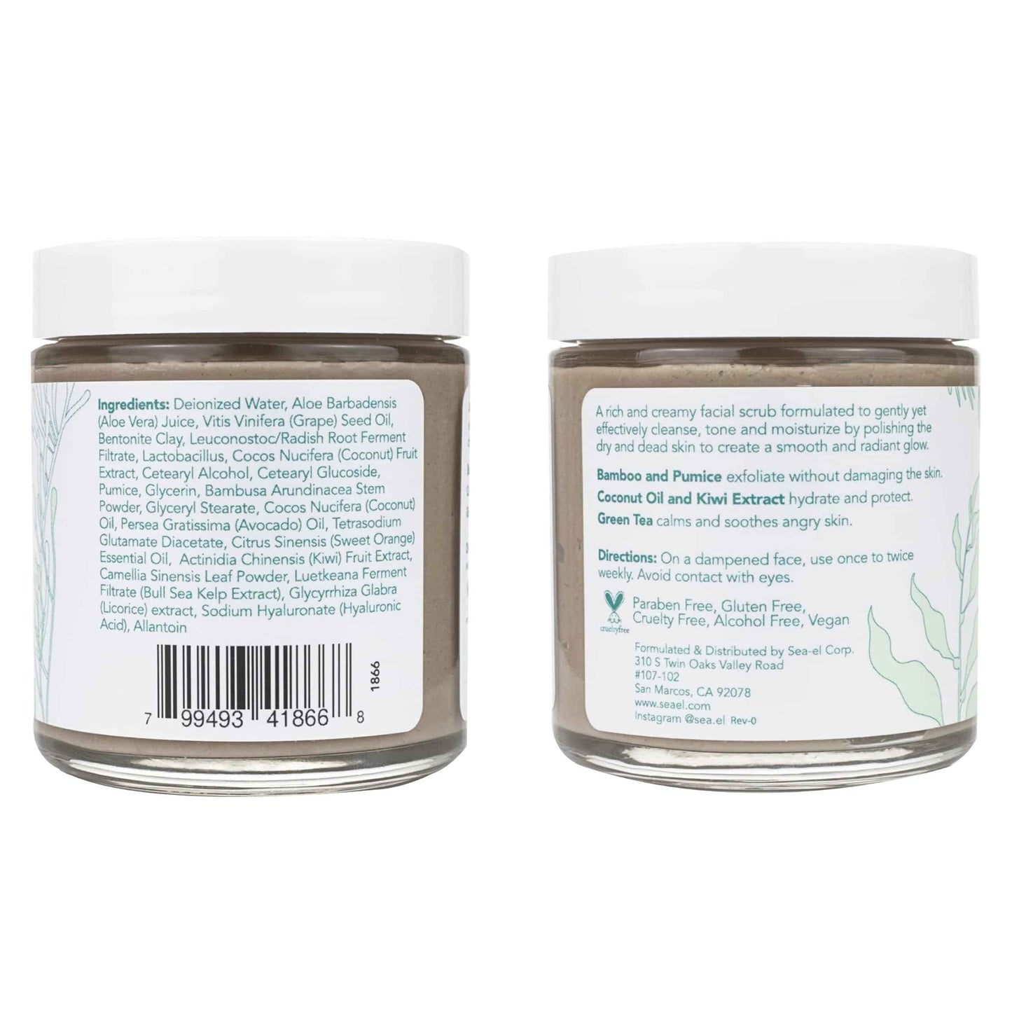 Sea El Coconut Kiwi Exfoliating Face Scrub Hydrating Calming & Purifying Anti Aging Exfoliator - Bamboo Pumice & Green Tea Detoxifying Exfoliant Facial Cleanser & Polish for Women & Men - 4 Oz