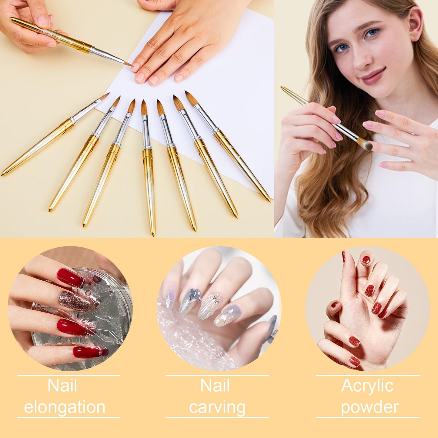 KEMEISI Acrylic Nail Brush Set, Four-Sized Kolinsky Nail Art Brushes, Sturdy Handle Oval Shaped Acrylic Powder Design Tools for Professional Manicury DIY Home