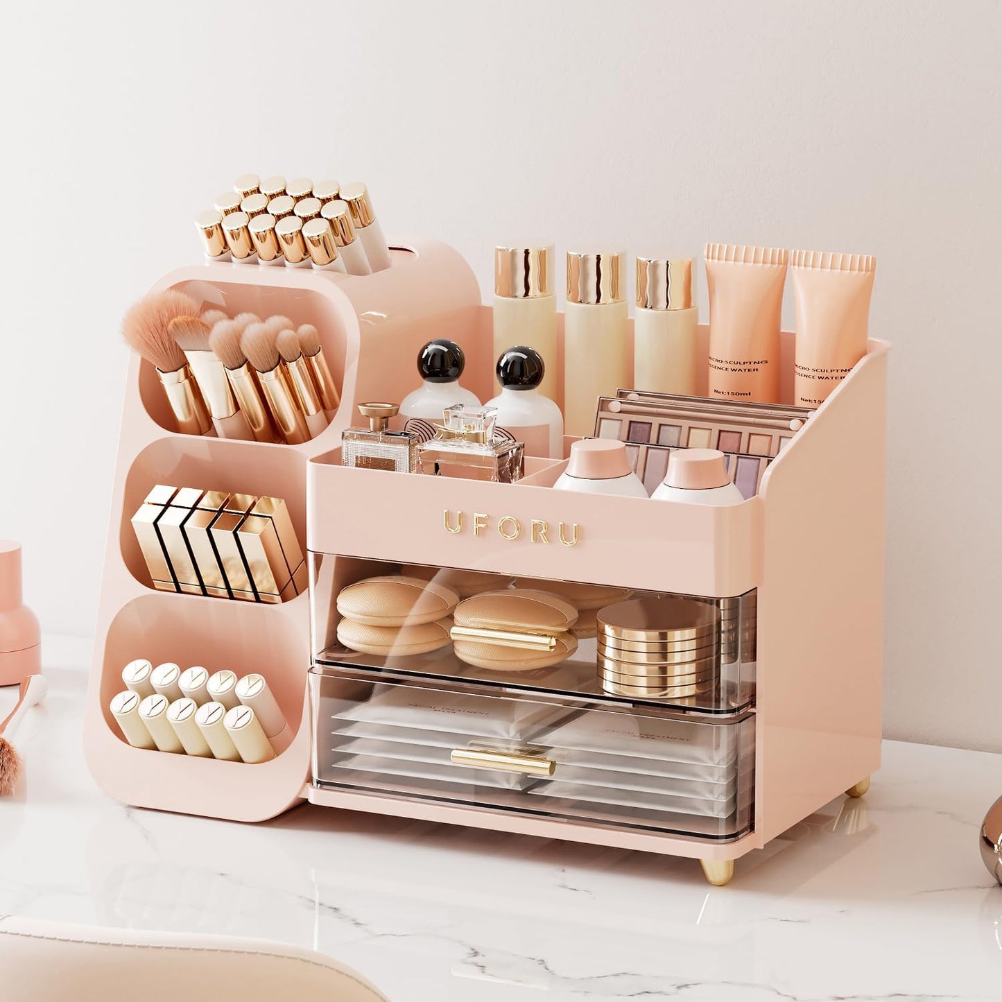 Makeup Organizer for Vanity - Large Capacity Skincare & Cosmetic Display Case with 2 Drawers | Brush Holder & Perfume Storage