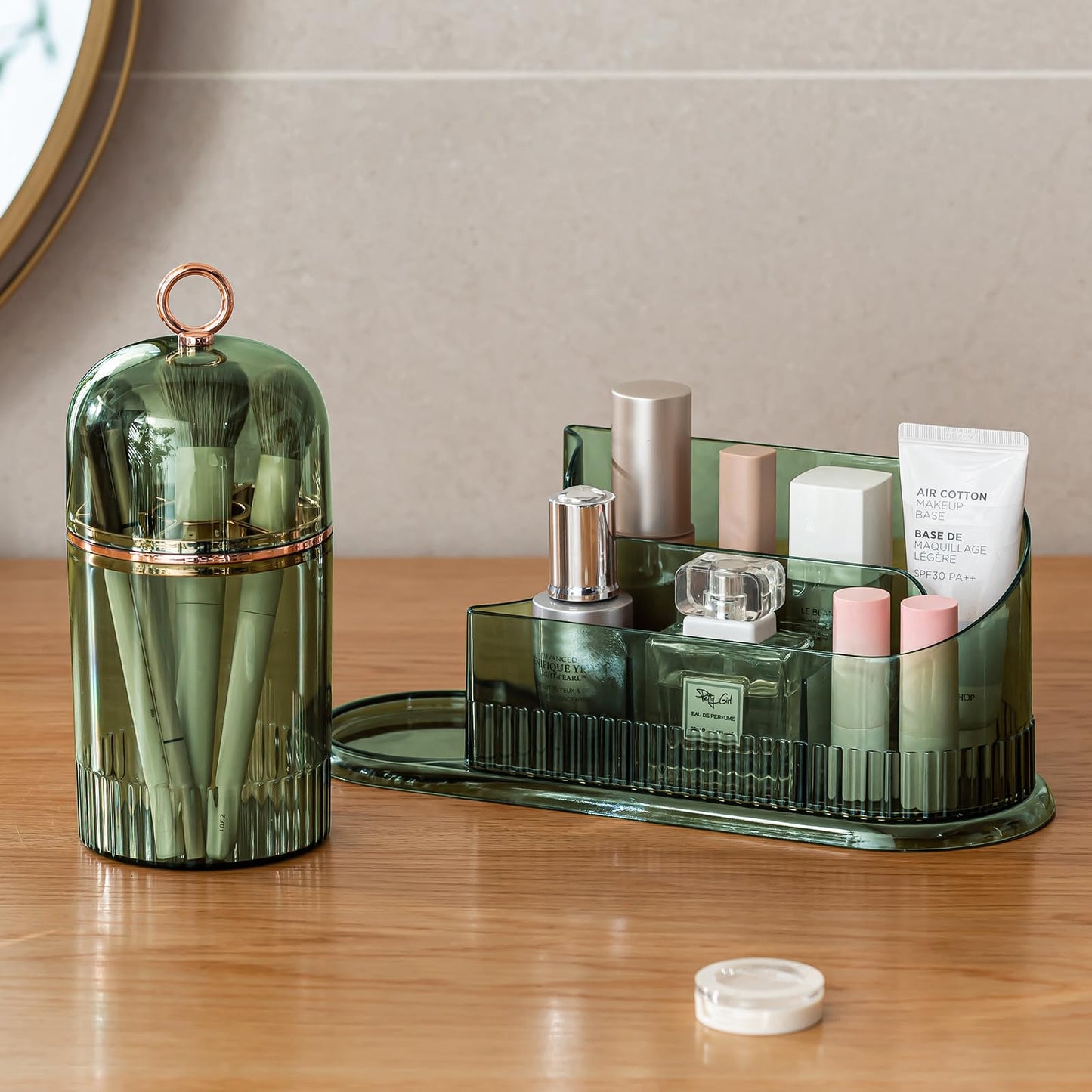 CANITORON Makeup Organizer for Vanity, Skincare Organizer With Brush Holder, Partitioned Storage Cosmetic Display Cases for Bedroom Countertop and Bathroom Storage - CB-Green