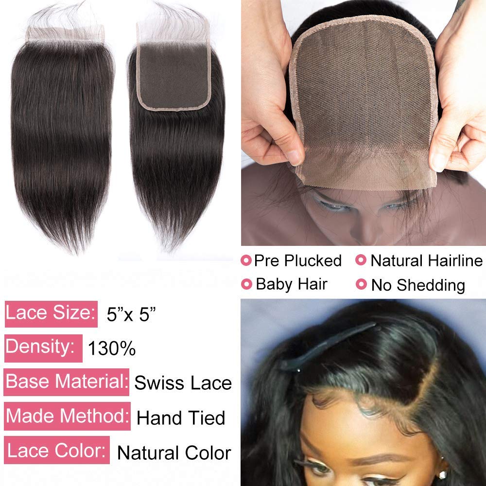 5x5 Transparent Lace Closure Hair Closure Invisible Lace Closure 10A Brazilian Virgin Remy Human Hair Frontal Closure Human Hair Extensions Pre Plucked (5x5 lace closure straight, 16 inch)