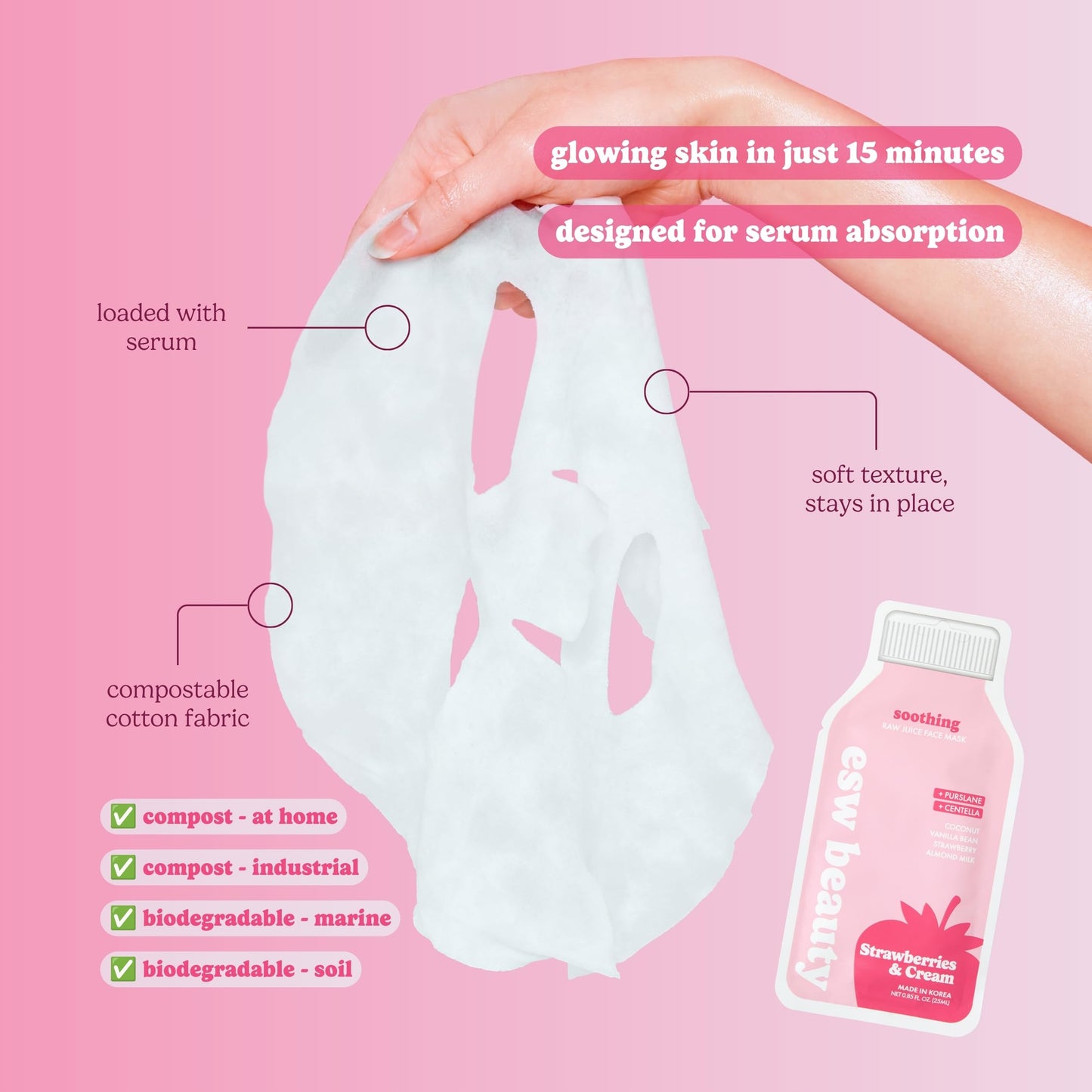 ESW Beauty Strawberries & Cream Soothing Korean Face Mask – Vitamin C, Centella & Vitamin E for Sensitive Skin, Hydration & Barrier Support – Skincare Gifts for Women