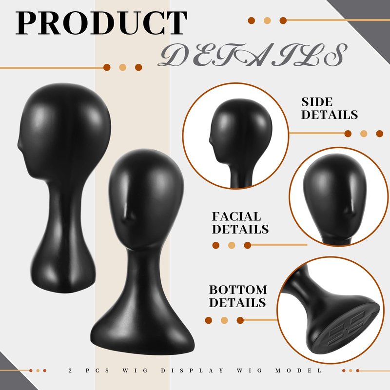 Leinuosen 2 Pcs 16 Inch Mannequin Head for Wigs Display, Plastic Wig Head for Hats, Sunglasses, Jewelry, Hair Styling Practice & Store Display Decor (Black)