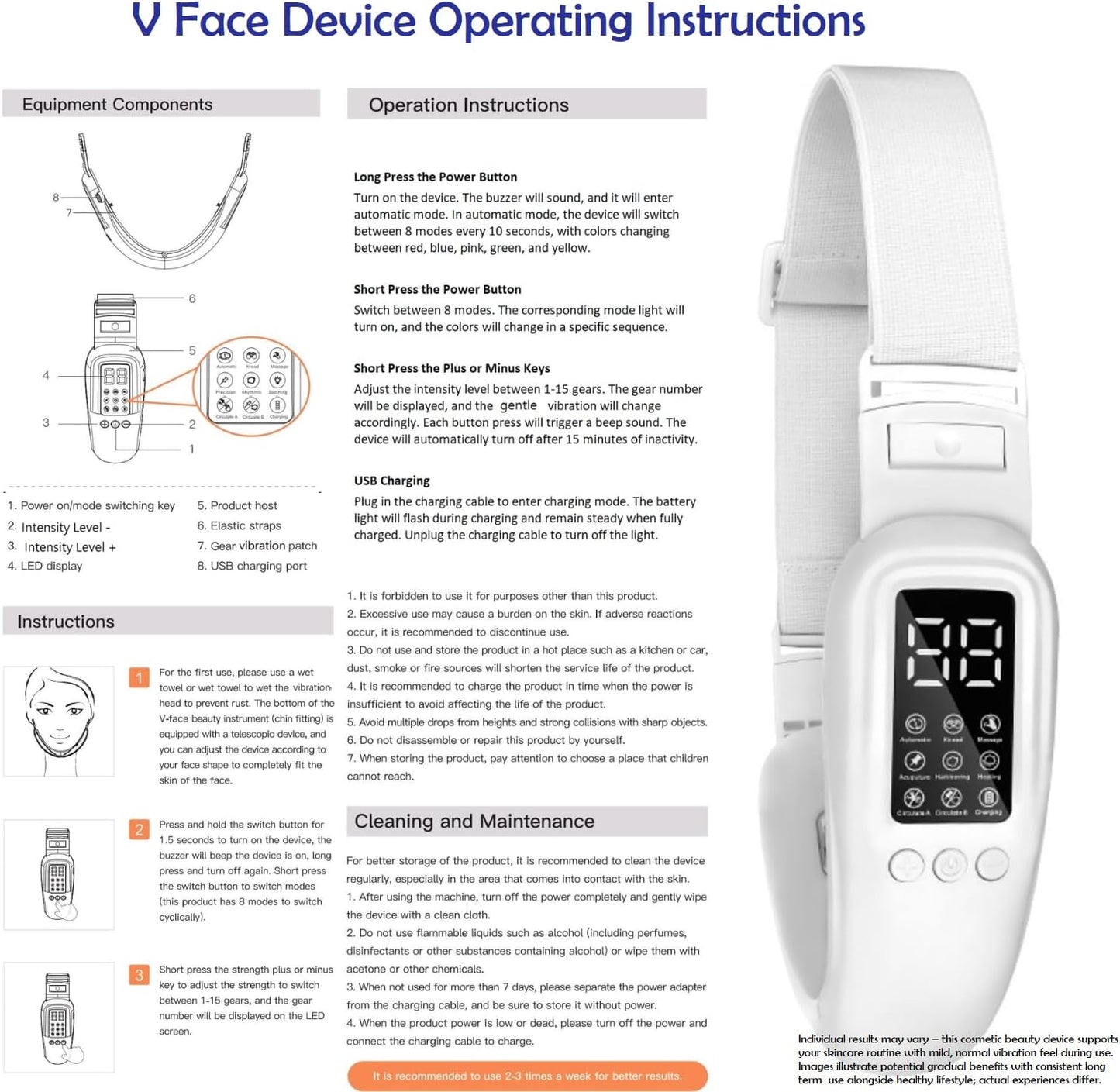 V-Face Machine | Electric Double Chin Device with 15 Intensities & 8 Modes - Includes Free 3D Face Roller for Skin Care