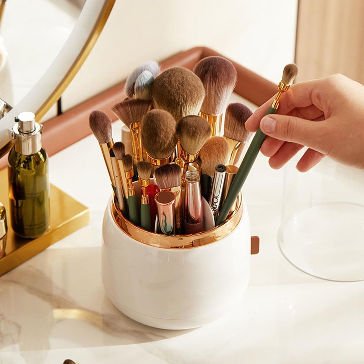 Makeup Brush Holder - 360° Rotating Makeup Organizer with Lid | White Storage Solution for Home