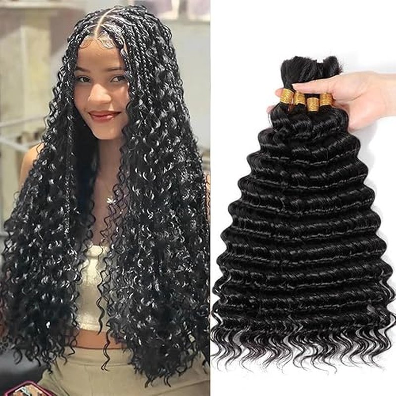 Human Braiding Hair Deep Wave Bulk for Braiding No Weft 12A Brazilian Virgin Curly Extensions for Boho Braids Wet and Wavy Hair (1B-Deep Wave, 22/200g)