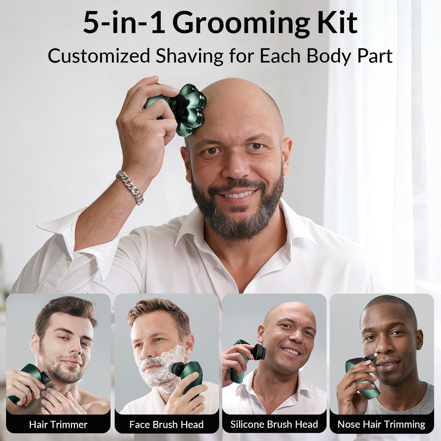 HiBig Head Shavers for Bald Men - 7D Arc Magnetic Detachable Electric Razor, Waterproof Wet Dry 5-in-1 Electric Shaving & Grooming Kit, LED Display Rechargeable Head & Body Hair Shaver, Dark Green