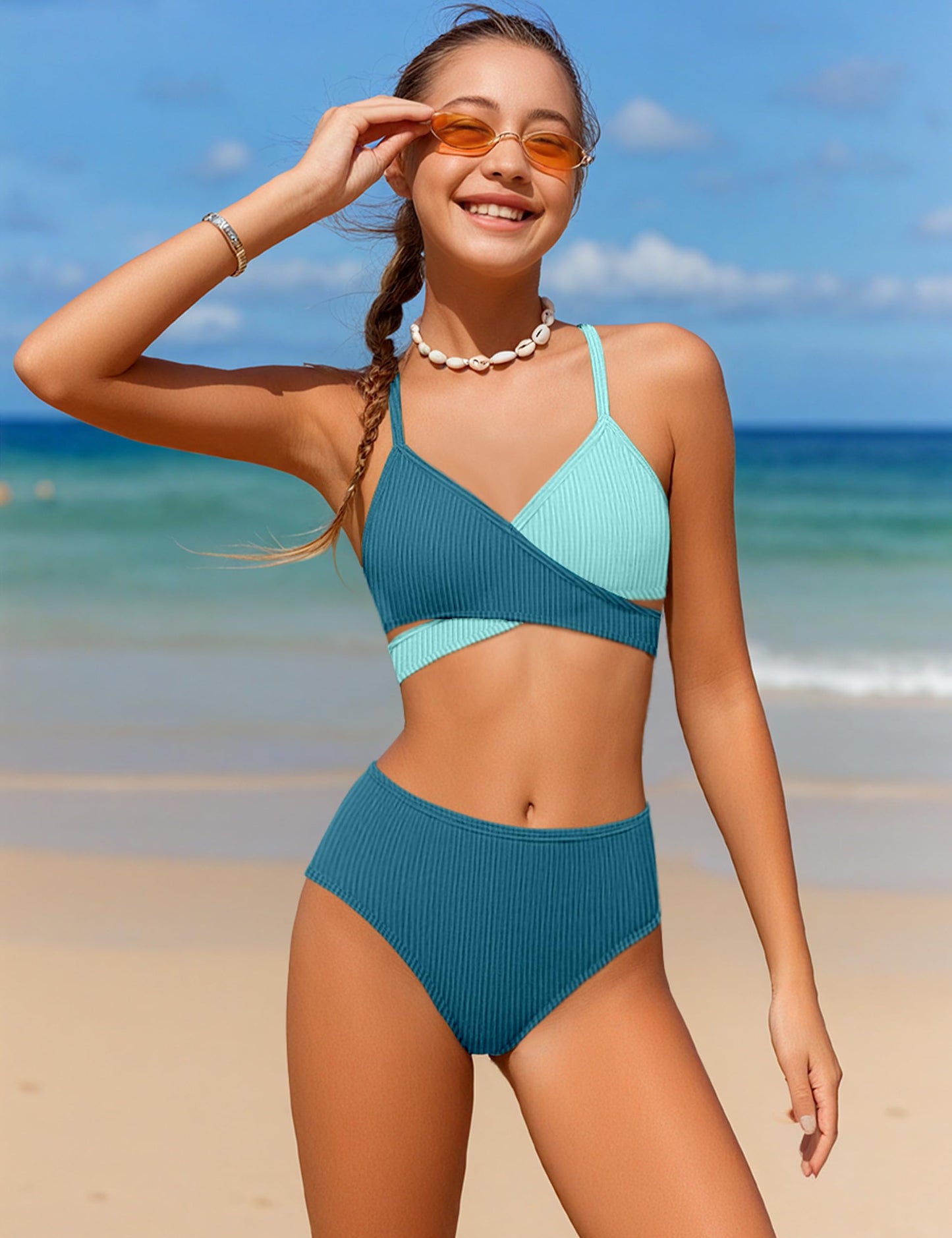 Aulyffo Girls Bathing Suits Size 10-12 Girl Swimsuits Size 10-12 Two Piece Criss Cross Bikini V-Neck Adjustable Shoulder Straps Girls' Swimwear Blue
