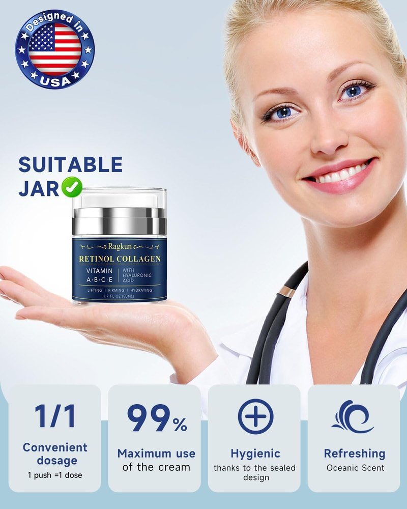 Retinol Cream for Face, Collagen Neck Creams for Tightening and Firming, Anti Aging Day & Night Facial Moisturizer for Women & Men, Instant Face Lift Wrinkle Cream 1.7 fl. oz with Glycolic Acid Pads