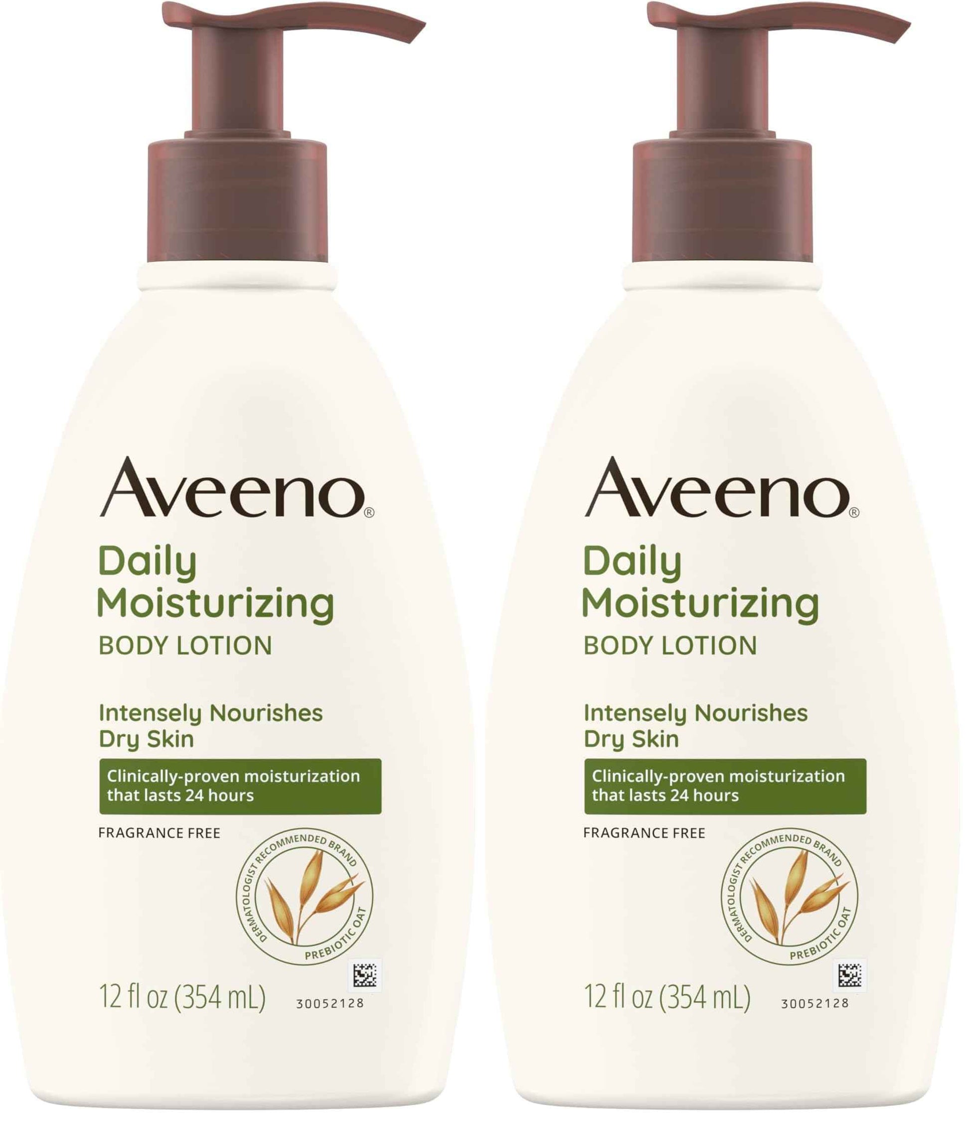 Aveeno Daily Moisturizing Body Lotion with Soothing Prebiotic Oat, Gentle Lotion Nourishes Dry Skin With Moisture, Paraben-, Dye- & Fragrance-Free, Non-Greasy & Non-Comedogenic, 12 fl. Oz (Pack of 2)