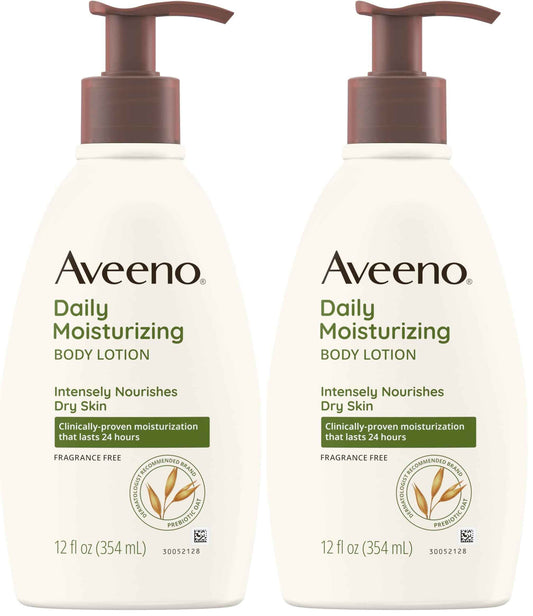 Aveeno Daily Moisturizing Body Lotion with Soothing Prebiotic Oat, Gentle Lotion Nourishes Dry Skin With Moisture, Paraben-, Dye- & Fragrance-Free, Non-Greasy & Non-Comedogenic, 12 fl. Oz (Pack of 2)