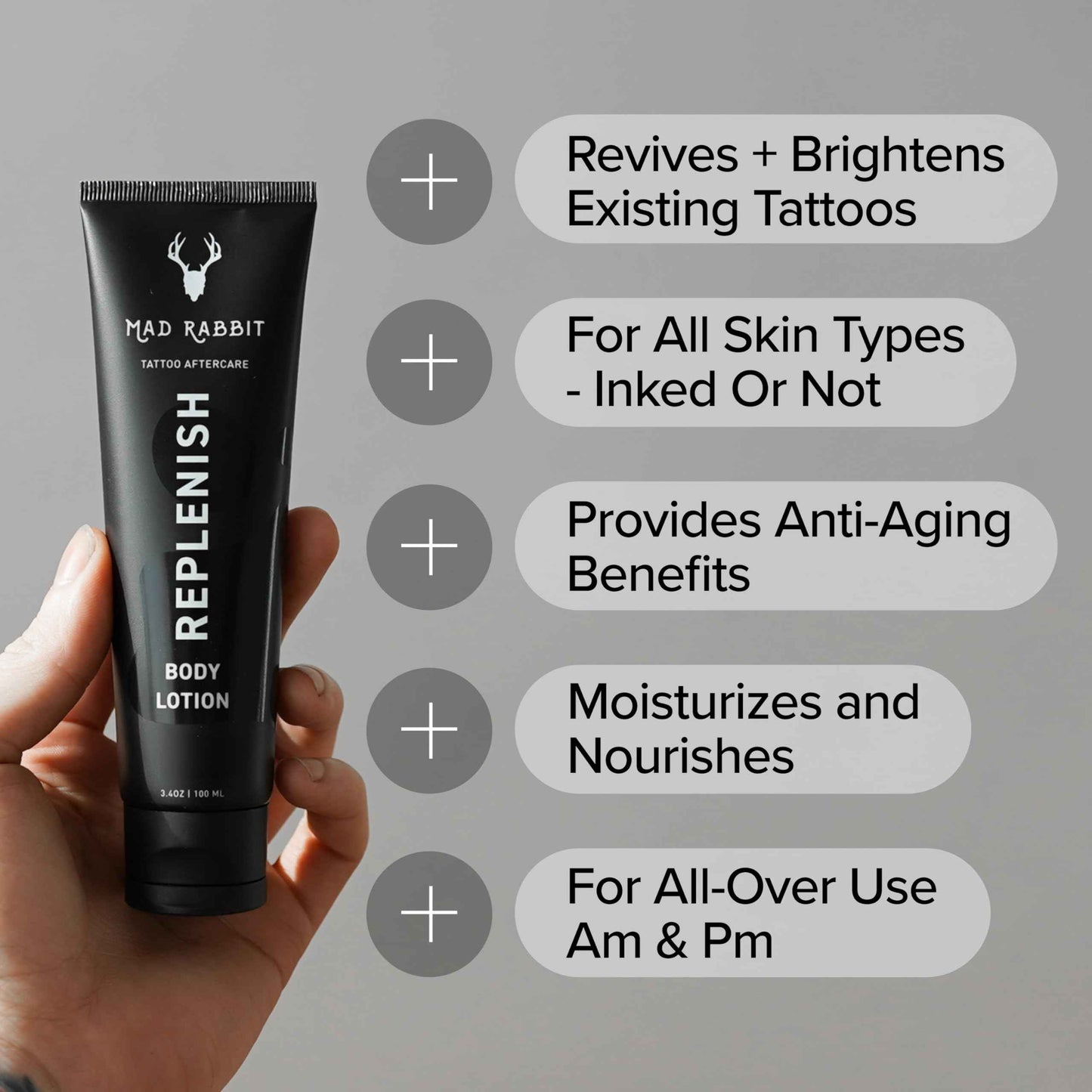 Mad Rabbit Replenish Tattoo Body Lotion - Fragrance-Free Lotion, Non-Greasy & Silicone-Free, Clean Ingredients, Lightweight for Daily Use (3.4 Fl Oz)