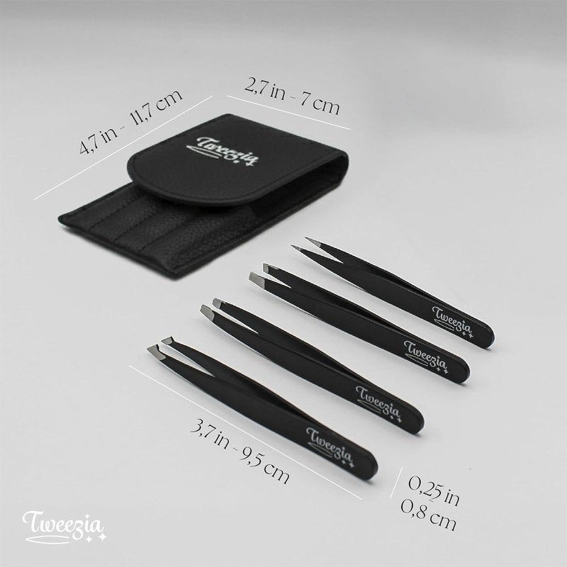 Stainless Steel Tweezer Set - 4 Precision Tweezers with Mirror & Leather Case | Ideal for Eyebrows, Ingrown Hairs, Splinters