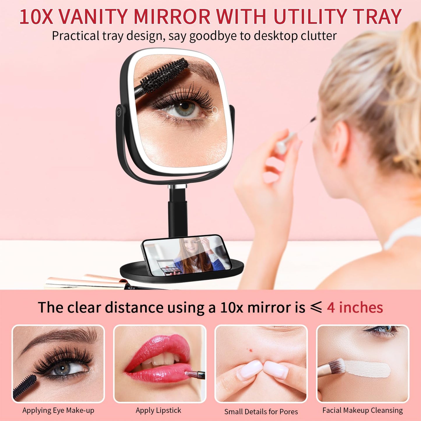 Vanmirr Height Adjustable Lighted Makeup Mirror with Magnification-Black