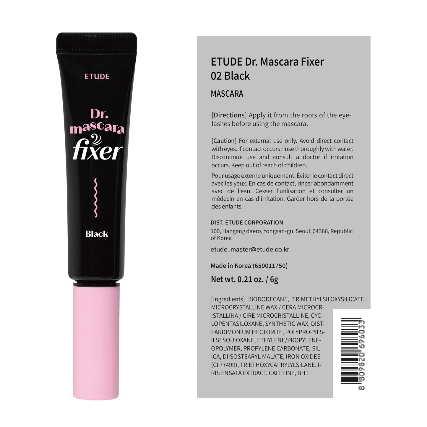 ETUDE Dr. Mascara Fixer, Black Mascara, Korean Mascara Fixer, Long-Lasting Wax Formula, All-Day Curl Hold, Smudge-Proof, Korean Makeup, Beauty, Vegan Certified (0.21 Fl Oz)