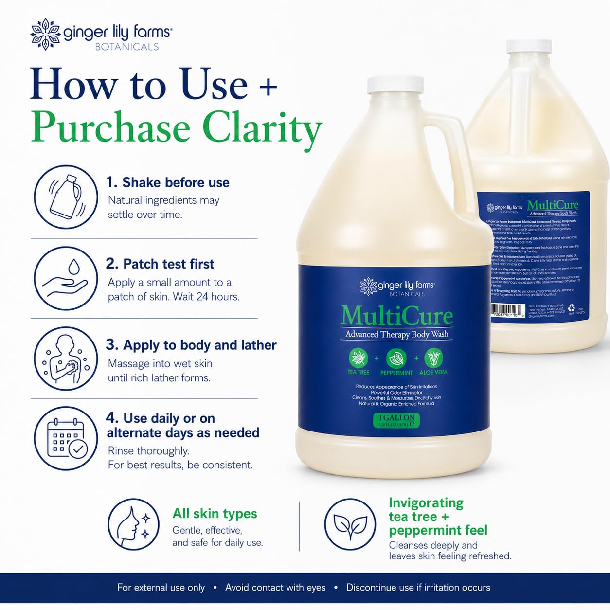 Ginger Lily Farms Botanicals MultiCure Advanced Therapy Body Wash with Tea Tree Oil, Peppermint and Aloe Vera, 100% Vegan & Cruelty-Free, 1 Gallon (128 fl oz) Refill