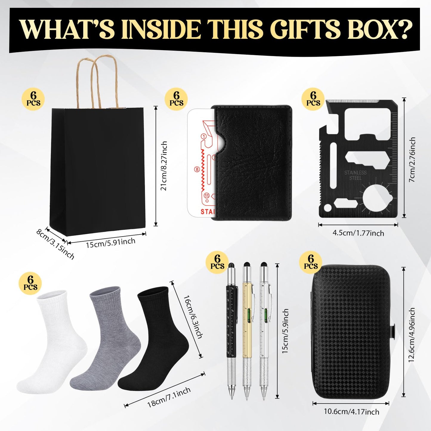Leriton 6 Sets Baby Shower Game Prizes for Men Include Black Kraft Paper Gift Bags Manicure Kit Tools Socks Pens 11-in-1 Survival Card Tool for Men Husband Father(Black,White,Gray)
